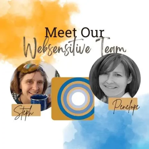 Collage mit dem Bild von Steph Braun und Penelope Hathaway. in der Mitte das Logo von websensitive. An den Ecken orange und blaue Watercolor Flecken.